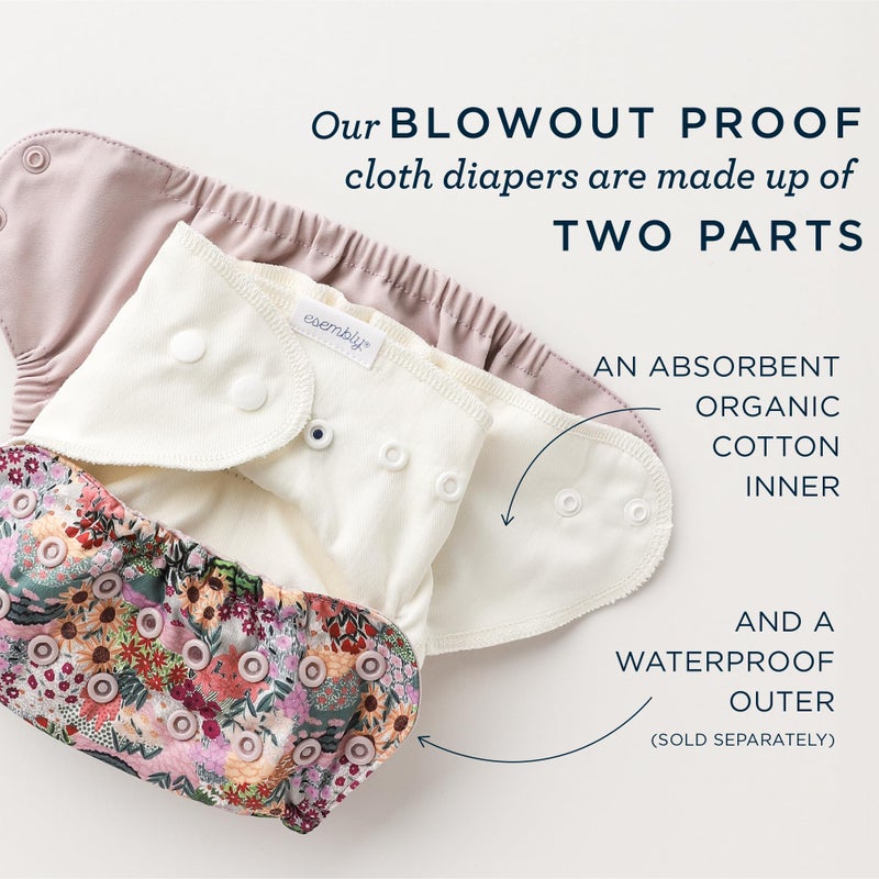 Esembly Cloth Diaper Bundle Set - 3 Organic Cotton Absorbent Inners and 1 Waterproof Outer Diaper Cover - Reusable, Washable, Snap Closure Cloth Diapers - Size 1 (7-17lbs), Mist - Image 2
